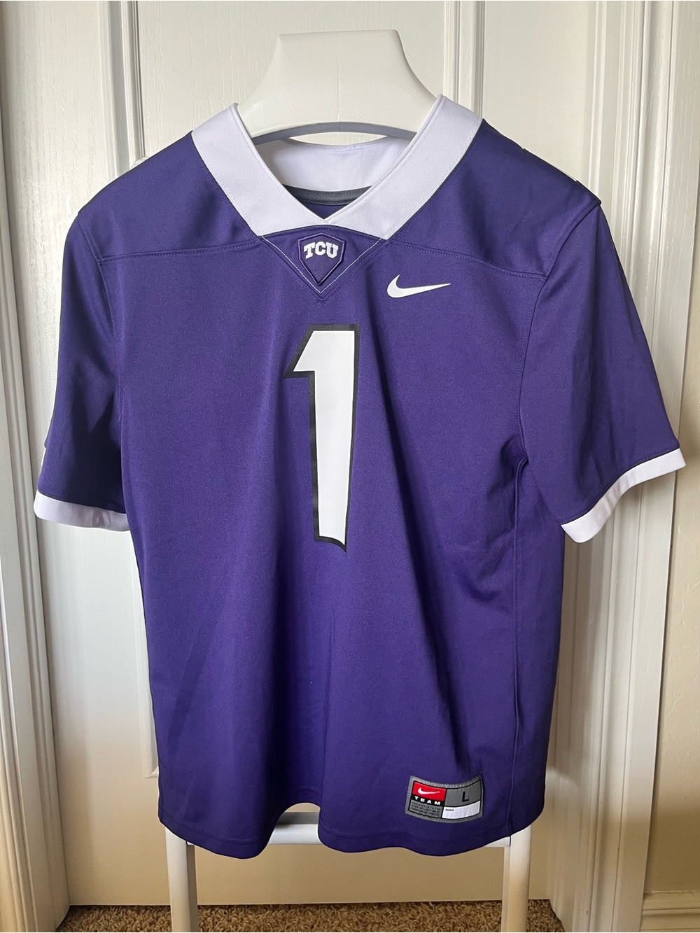 Nike Youth Size Large TCU Football Jersey   Top Horned Frogs Purple #1